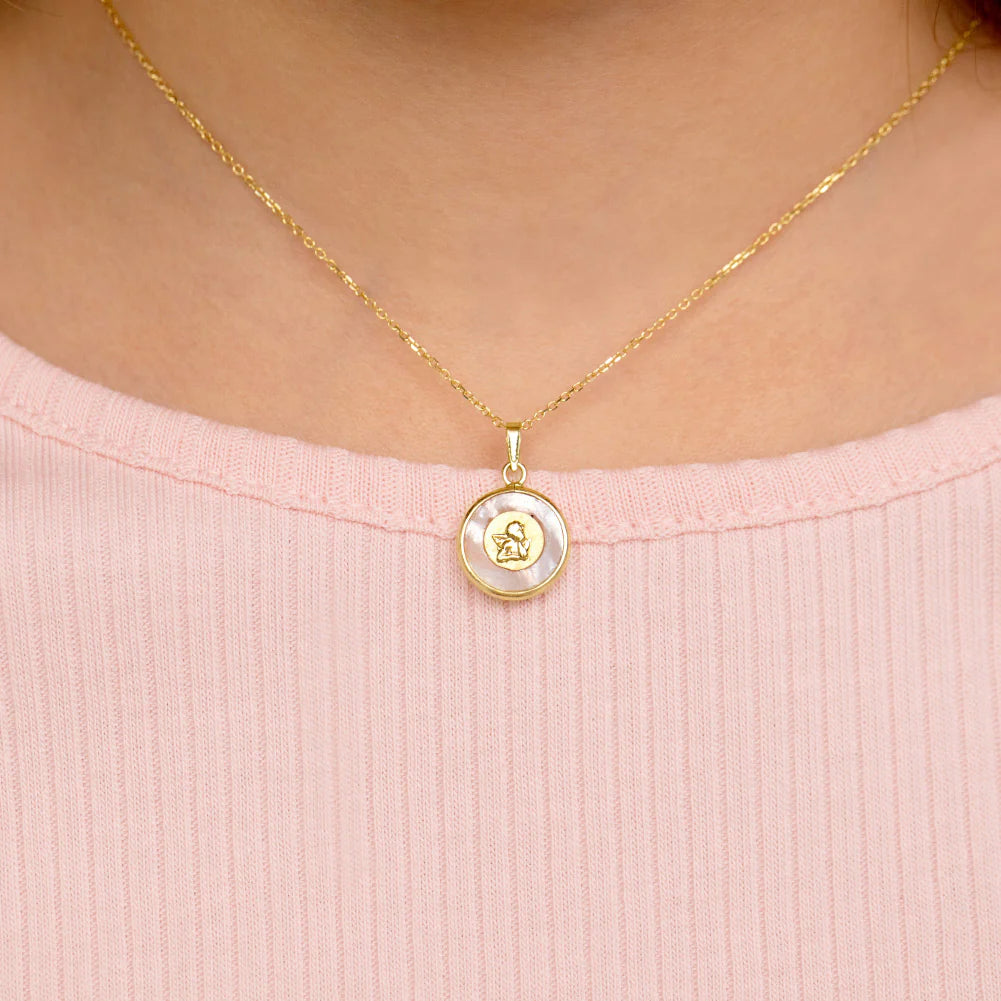 14K Gold Guardian Angel Medal Mother of Pearl Necklace