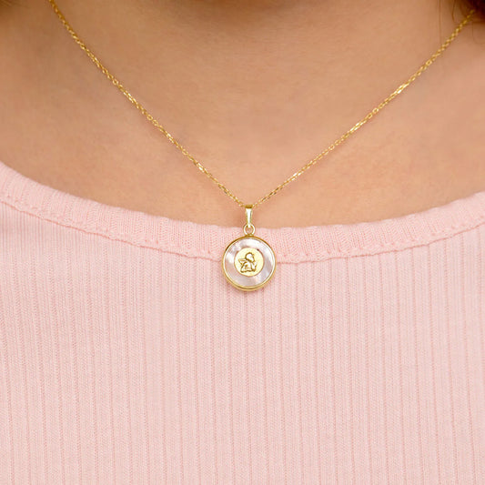 14K Gold Guardian Angel Medal Mother of Pearl Necklace