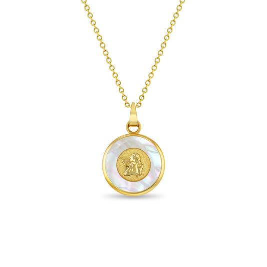 14K Gold Guardian Angel Medal Mother of Pearl Necklace