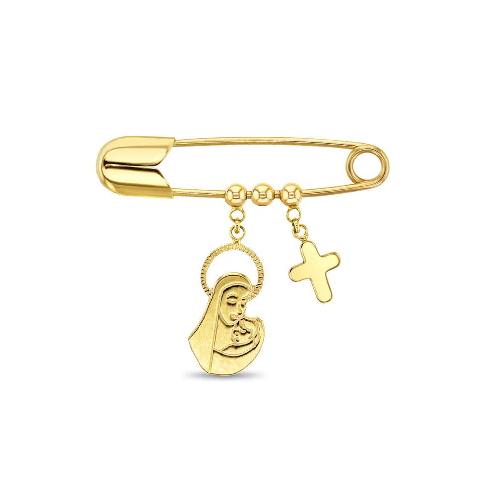 14K Gold Virgin Mary Charm Safety Pin Brooch